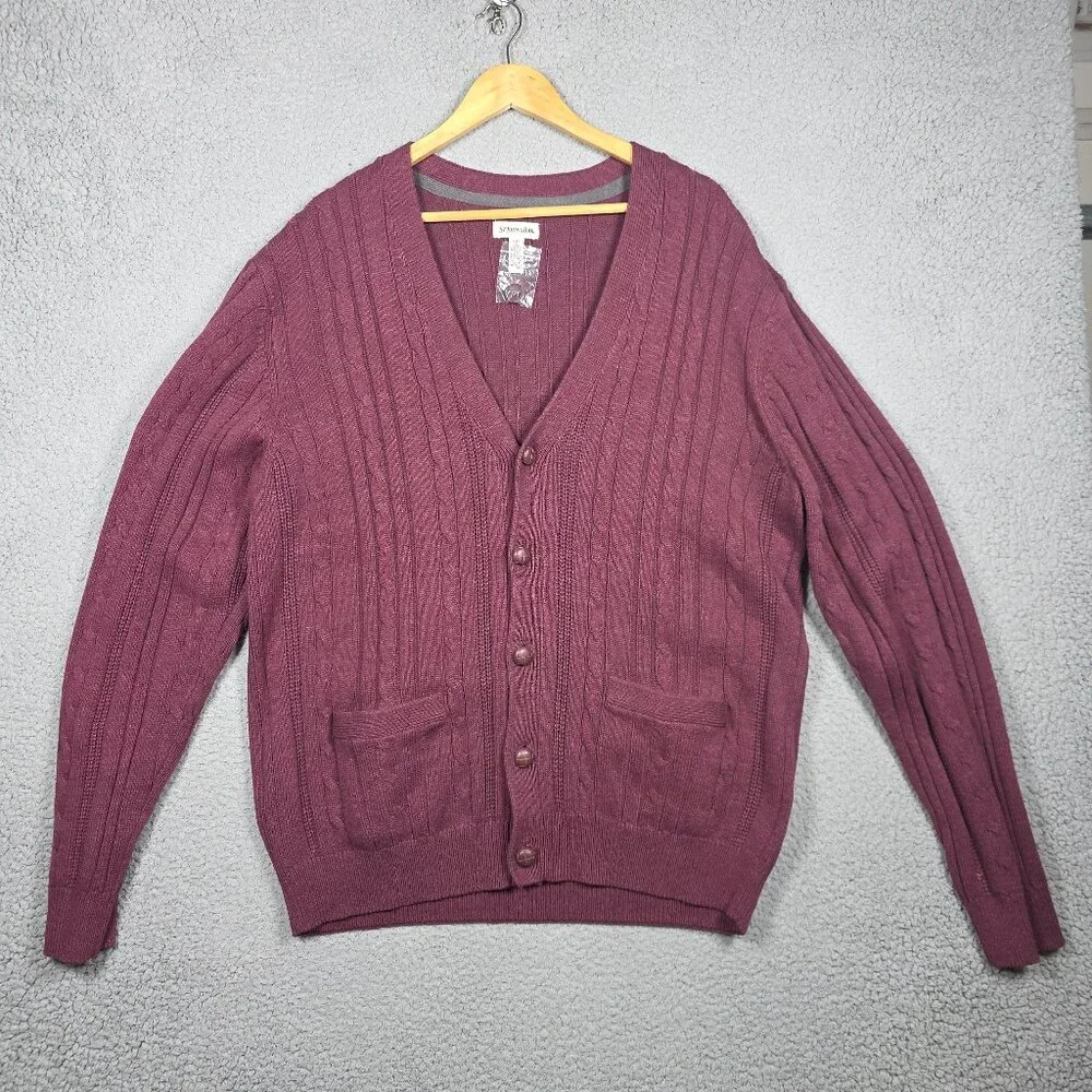 VTG St Johns Bay Sweater Mens Size LT Burgundy 3D Cable Knit Cardigan Grandpa